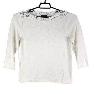 Womens Ivory LRL Lauren Jeans Co Knit Top Crochet Detail Neck 3/4 Sleeve XL